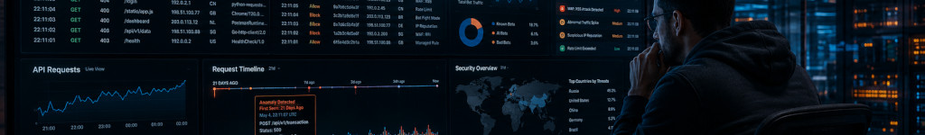 Engineer reviewing a Cloudflare security dashboard where a request timeline flags an anomaly first seen 21 days ago